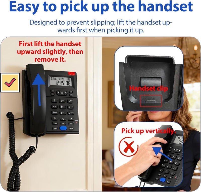Sacumea Corded Phone, Desktop Landline with Caller ID, Adjustable Ringer and Speaker Volume, Redial, Speed Dial, Caller Indicator Light, for Home Office Hotel Use - Image 3